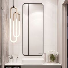 a bathroom with a sink, mirror and lights on the wall next to each other