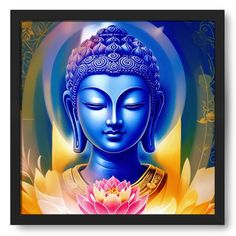 a buddha statue with a lotus flower in front of it and the image is framed