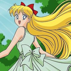 a cartoon girl with long blonde hair wearing a white dress and red bow in front of trees