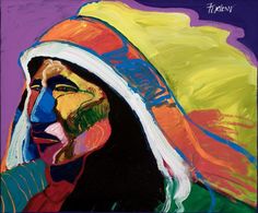 a painting of a man with long hair wearing a colorful headdress and scarf