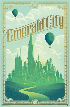 the emerald city poster is shown with hot air balloons flying in the sky above it