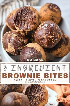 no bake chocolate brownie bites in a white bowl with text overlay that says 3 ingredient brownie bites