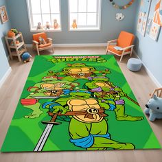 a rug with teenage mutant characters on it in a child's room, featuring toys and stuffed animals