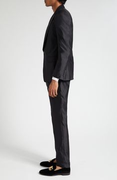 The brand's slim Sicilia fit shows off the silk-shantung construction to its fullest richness of texture and sheen on this Italian-tailored two-piece suit. Jacket has peaked lapels; four-button cuffs; chest welt pocket; front flap pockets; two interior pockets; back vent Pants have zip fly with hook-and-bar closure; front slant pockets; coin welt pocket; back button-welt pockets Jacket is lined; trousers are lined to the knee 100% silk Dry clean Made in Italy Men's Designer Clothing Luxury Fitted Evening Sets, Luxury Fitted Sets For Workwear, Luxury Fitted Evening Set, Designer Fitted Formal Sets, Fitted Satin Tuxedo For Formal Occasions, Fitted Designer Formal Sets, Fitted Designer Sets For Formal Occasions, Tailored Satin Tuxedo For Evening, Tailored Satin Tuxedo For Business