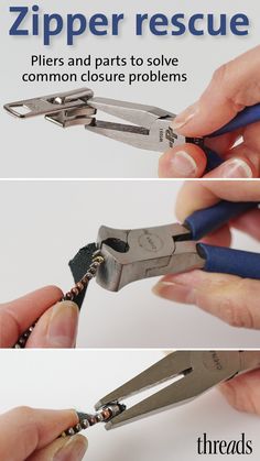 there are two pictures showing how to use the zipper rescue pliers and parts to solve common closure problems