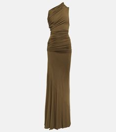 Draped One Shoulder Jersey Gown in Green - Entire Studios | Mytheresa Neutral Evening Gown, Rehearsal Dinner Dress For Guest Fall Classy, Keira Knightley Green Dress, Formal Floor Length Gown, Classy Minimal Wedding Dress, Gala Dresses Aesthetic, Cocktail Dress One Shoulder, Stretch Dresses Designs, Earth Tone Formal Dress