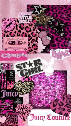 pink and black wallpaper with lots of different designs on it's sides, including the word star girl