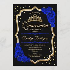 a black and blue quinceaueria birthday party with roses on the front, silver foil