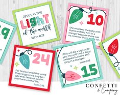 "Countdown to Christmas with a bible verse each day! Stack the cards, string them on garland with clothespins, or attach to a small gift such as a candy cane each day for your child. The colorful designs and kid-friendly scriptures are perfect to help your children remember the true reason for the season! The 3 x 3 inch cards print 6 per page in the 5-page pdf. You will receive numbers 1-25 with bible verses on each card. You will also receive 5 bonus cards: \"Merry Christmas!\" \"Jesus is the Light of the World\" John 8:12 (2 color options) \"Let your Light Shine\" Matthew 5:16 (2 color options) Directions: 1. You will receive a pdf download link once payment is complete. 2. Print on standard 8.5 x 11 inch card stock 3. Cut out and display Where to Print: Print on card stock at home OR at Christian Christmas Countdown, Light The World Advent Calendar, Advent Calendar Scripture, Advent Calendar Verses For Kids, Scripture Advent Calendar For Kids, Christian Kids Advent Calendar, Christmas Advent Calendar Label, Merry Christmas Jesus, Christmas Countdown Printable