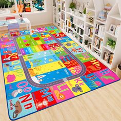 a brightly colored children's play area with bookshelves and toys on the floor