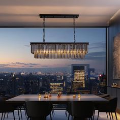 a dining room table with chairs and a chandelier hanging from it's ceiling