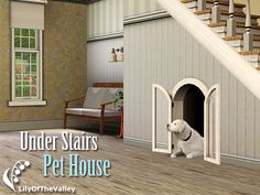 under stairs pet house with dog in the doorway and staircase leading up to the second floor