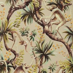 monkeys and palm trees are depicted in this wallpaper