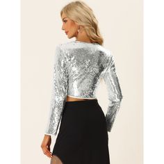 Allegra K Women's Long Sleeve V Neck Sparkly Shiny Party Blouses Silver X-large : Target