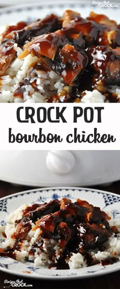 crock pot bourbon chicken on a plate with rice