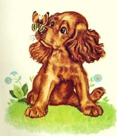 a drawing of a puppy with a butterfly on its nose sitting in the grass next to daisies