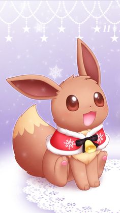 a cute little pokemon with a bell around its neck and snowflakes in the background