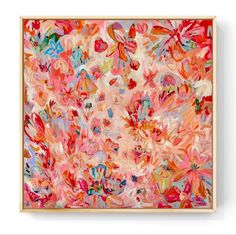 an abstract painting with pink and orange flowers