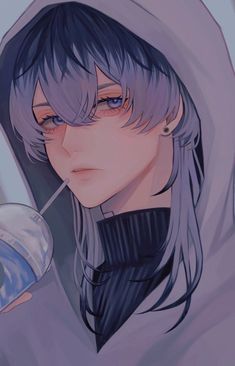 an anime character with grey hair and blue eyes, wearing a hoodie drinking from a cup