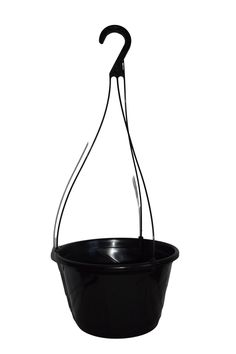 a black bucket with a handle hanging from it