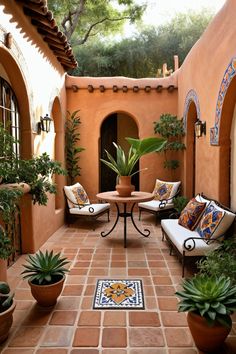 an outdoor patio with potted plants and chairs on the floor, surrounded by orange stucco walls