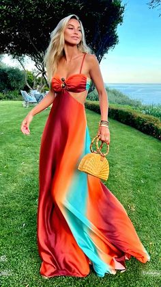 Barcelona Wedding Guest Outfit, Bright Color Wedding Guest Dress, Tropical Chic Wedding Outfit, Island Formal Wedding Attire, Sunset Dress Code, Summer Beach Party Dress, Hawaiian Wedding Guest Dress, Beach Chic Wedding Guest Attire, Greek Wedding Guest Outfit