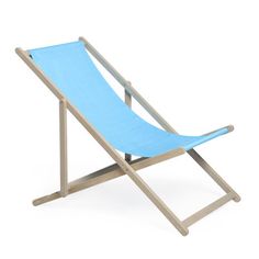 a blue beach chair sitting on top of a white floor