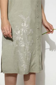 Sage linen shirt dress with placement floral print and contrast embossed anchor thread hand embroidery. - Aza Fashions Wave Dress, Embroidered Linen Dress, Anchor Threads, Linen Shirt Dress, Thread Work, Sewing Project, Embroidery Dress, Dress For Women, Linen Dress