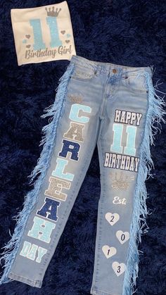 Made To Order Any design can be done Seen a design and want to me to recreate it? Just send me a message with the picture Most of my work is on my facebook or instagram: Keycis_Kreations Include In Personalization Box- Jean Size in womens & juniors/youth: Jean Color: Colors to use:  Year or Zodiac (if want added) Name:(if want added) you can have name going down pants leg or zodiac sign, you can fully customize them the way you want! Custom Birthday Jeans, Birthday Jeans, Customized Jeans, Jeans Custom, Custom Jeans, Custom Birthday, Birthday, Design