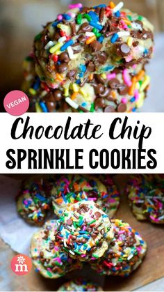 chocolate chip sprinkle cookies are stacked on top of each other, with the title above it