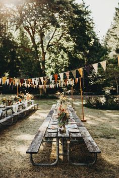 a long table set up outside for a party