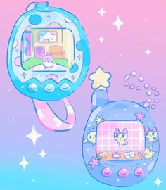 an image of a cartoon character on a cell phone with bubbles and stars in the background