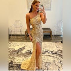 Gold Long Dress For Prom, One-shoulder Evening Dress For Prom Season, Champagne Cocktail Dress For Prom Season, Gold One-shoulder Evening Dress For Prom, Gold One-shoulder Evening Dress For Prom Season, One Shoulder Gold Evening Dress For Prom, Champagne Prom Dress With Sweep Train, Champagne Maxi Prom Dress, Cutout Prom Dress