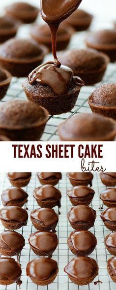 chocolate texas sheet cake bites are being drizzled with melted chocolate on top