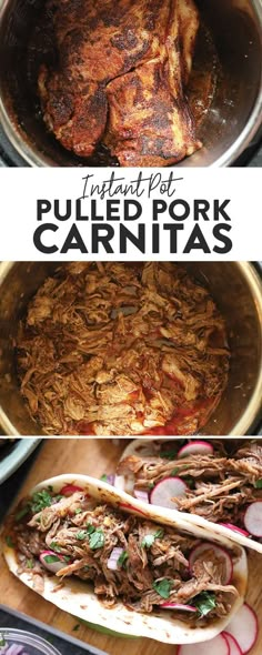 pulled pork carnitas in a slow cooker with text overlay that reads instant pot pulled pork carnitas