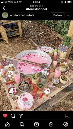 an outdoor picnic with pink food and flowers on the table in front of it is surrounded by other items