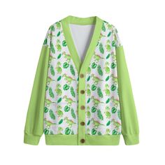 Free shipping worldwide Classic cardigan with a knitted exterior texture and an inner layer of fleece to make it warm and cozy. Suitable for autumn and winter. Dinosaur print with green sleeves and trim. ● Fabric: Hacci Fleece (100% polyester) ● Regular fit ● V-neck cardigan with button closure ● Fabric weight: 290g/m² ● Care Instruction: machine wash cold with similar colors, do not bleach, tumble dry low, do not iron, do not dry clean. ● Notice: a variety of factors may cause slight difference Cute Dino Sweater, Green Cotton Sweater With Button Closure, Green Button-up Cotton Cardigan, Green Cotton Button-up Cardigan, Green Button-up Sweater With Buttons, Green Dino Sweater, Dinosaur Cardigan, Sweater Dinosaur, Winter Dinosaur