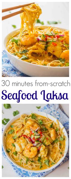 seafood laksa with chopsticks in it and the words 30 minutes from scratch