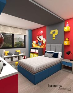 this is a bedroom with mario mouse decorations on the walls and bed in the middle