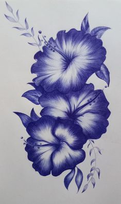 a drawing of blue flowers on a white background