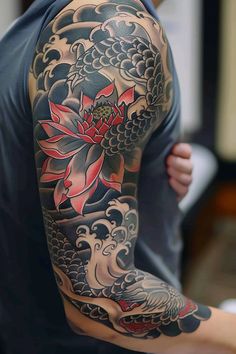 Yakuza Tattoos: The Hidden Meaning of Geisha Japanese Sleeve Tattoos Flowers, Koi Arm Sleeve Tattoo, Lotus Flower Tattoo Japanese, Yakuza Arm Tattoo, Japanese Upper Arm Tattoo, Woman Wrist Tattoo, Asian Flower Tattoo, Japenses Tatoos Design