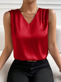 Women's V-Neck Sleeveless Blouse For New Year Holiday Party Clothes,Sleeveless Tops Red Casual  Sleeveless Satin Plain Top Non-Stretch  Women Clothing, size features are:Bust: ,Length: ,Sleeve Length: Red V-neck Camisole For Party, Red Sleeveless Camisole For Party, Elegant Red Tank Top For Night Out, Elegant Red Cami Tank Top, Elegant Red Camisole Top, Chic Red Camisole For Party, Chic Red Camisole For Night Out, Chic Red Party Camisole, Elegant Red V-neck Tank Top