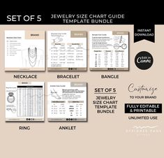 *Digital Download* Fully Editable & Printable  Jewelry Size Chart Guide Template SET BUNDLE includes 5 Canva Templates: 1. Necklace Size Chart Template  2. Bracelet Size Chart Template 3. Ring Size Chart Template 4. Anklet Size Chart Template 5. Bangle Size Chart Template - for your brand, online shop, store, business & more - all text measurements are approximate and can be edited/customized size: 2000 x 2000 px (can be resized & printed) - Fully and Easily Customizable using Canva  (free account required) - Add/Change font, color, text, image, logo, background & more. -Add/Duplicate pages for as many as you need.  -Digital Download only -Reusable. Edit, customize, use over and over. Templates do not expire. ⭐️ What you will receive: Digital Download of 1 PDF file containing the template Size Chart Template, Necklace Size Chart, Ring Size Chart, Necklace Length Guide, Guide Template, Bracelet Size Chart, Chart Template, Necklace Ring, Bracelet Ring