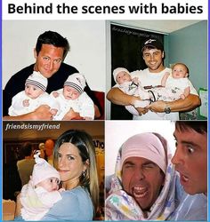 three different pictures of people with babies in their arms and one has a surprised look on his face