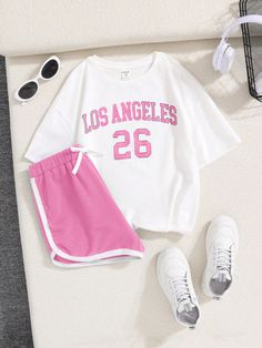 Baby Pink Casual Collar Short Sleeve  Colorblock,Letter  Embellished Slight Stretch  Tween Girls Clothing Cute Middle School Outfits, Outfits For Kids, Drop Shoulder Tee, Trendy Summer Outfits