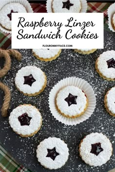 raspberry liner sandwich cookies on a plate with the words raspberry liner sandwich cookies