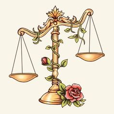 a drawing of a scale with flowers on it and a rose sitting on top of the scale