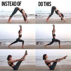 a woman doing yoga poses on the beach