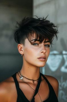 Short Hairstyle Women Fade, Female Pixie Haircut, Short Hairstyle Oval Face, Fauxhawk For Women, Asymmetrical Pixie Edgy, Ruby Rose Haircut, Short Undercut Hairstyles, Fade Haircut Women, Very Short Bangs