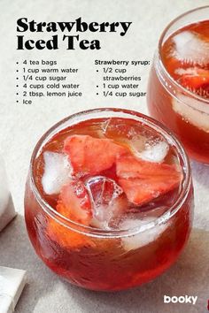 two glasses filled with strawberry iced tea on top of a table